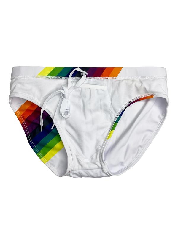 LGBTQ+ Unisex Men Swim Trunks Rainbow Stripe Print Tie Front Swim Knicker, Casual Comfy Breathable Swim Bottoms for Summer, Swimwear for Beach Swimming