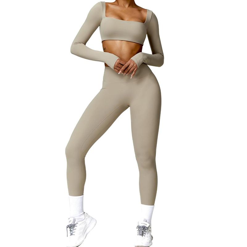 2 Piece Workout Sets for Women Long Sleeve Crop Tops and Yoga Pants Outfits High Waist Flared Leggings Gym Sets