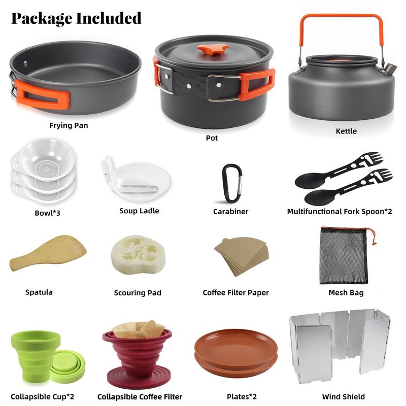 Camping Cooking Cookware Mess Kit - Non-Stick Lightweight Pot Pan Kettle Set with Collapsible Pour Over Coffee Dripper, Outdoor Kitchen Cook Essentials Gear for Camping Hiking Picnic