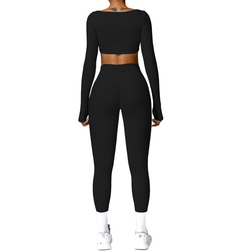 2 Piece Workout Sets for Women Long Sleeve Crop Tops and Yoga Pants Outfits High Waist Flared Leggings Gym Sets