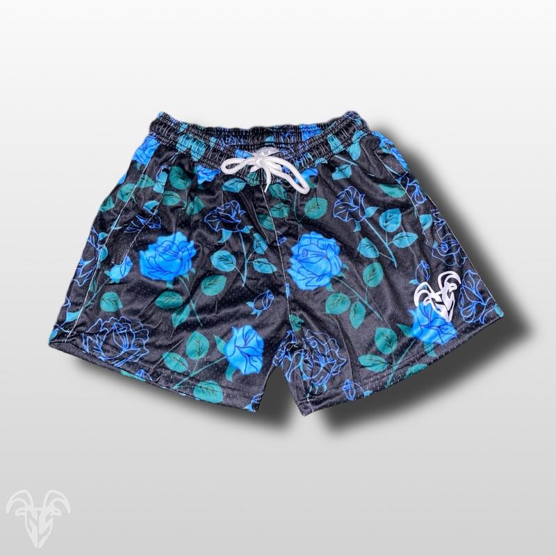 Men's Floral Mesh Gym Shorts - 5 Inch Inseam gym shorts, Zipper Pocket | Exotic Fitness Activewear | Rose design shorts - Mens blue rose mesh gym shorts outfits hoochie daddy shorts