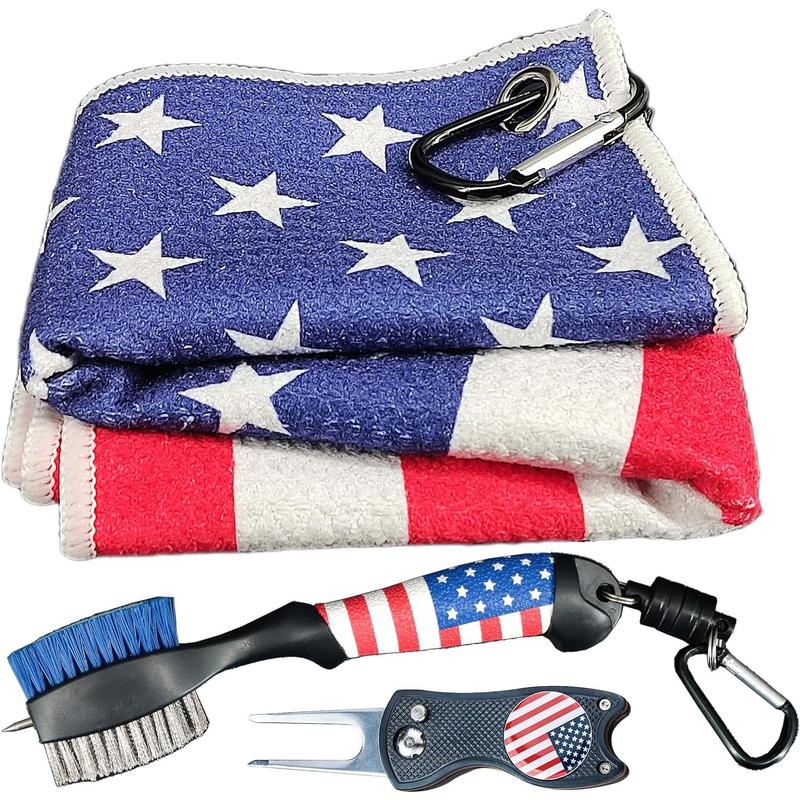 Golf Club Brush and Amercian Flag Golf Towels, Golf Groove Cleaner Cleaning kit, Golf Accessories Cleaner Tool with Strong Magnet Stick to Golf Clubs or Bag