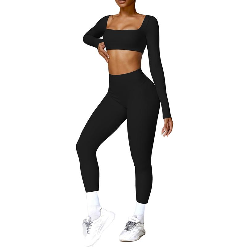 2 Piece Workout Sets for Women Long Sleeve Crop Tops and Yoga Pants Outfits High Waist Flared Leggings Gym Sets