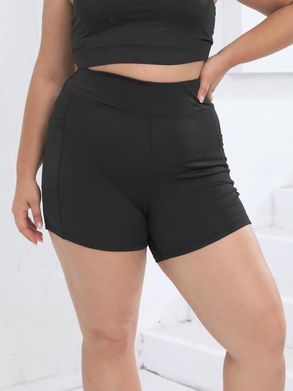  Solid High Waist Pocket Gym Shorts, Sporty Comfy Breathable Skinny Shorts for Yoga Gym Workout Running, Women's Sports Bottoms for All Seasons