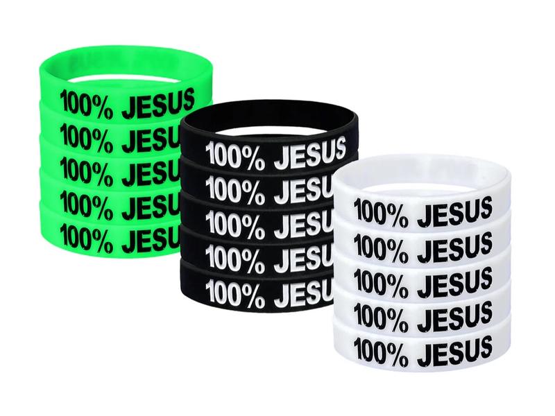 100% Jesus Sports Silicone Wristband Soccer Fútbol Football Motivational Fitness Stretch Black White Glow in Dark Unisex Adults Teens 1 3 5 10 15 Pack Men's Women's Teens Use this wristband to match with a 100% Jesus headband. Choose your wristband color.