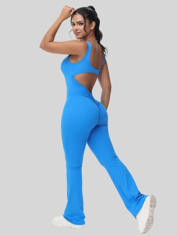 Women's Cut Out Ruched Backless Flare Leg Tank Sports Jumpsuit, Comfy Breathable Seamless Solid Scoop Neck Sleeveless Bell Bottom Jumpsuit For Workout, Ladies' Sportswear Clothing, Summer Outfits 2024, Tummy Control