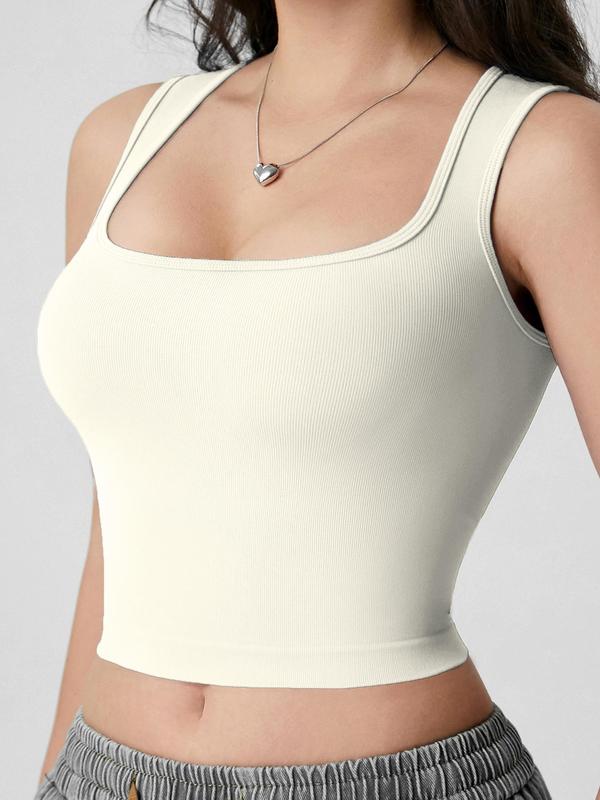 Women's Solid Square Neck Sports Vest, Casual Comfy Breathable Crop Top, Ladies Sportswear for Summer, Summer Gym Clothes Women