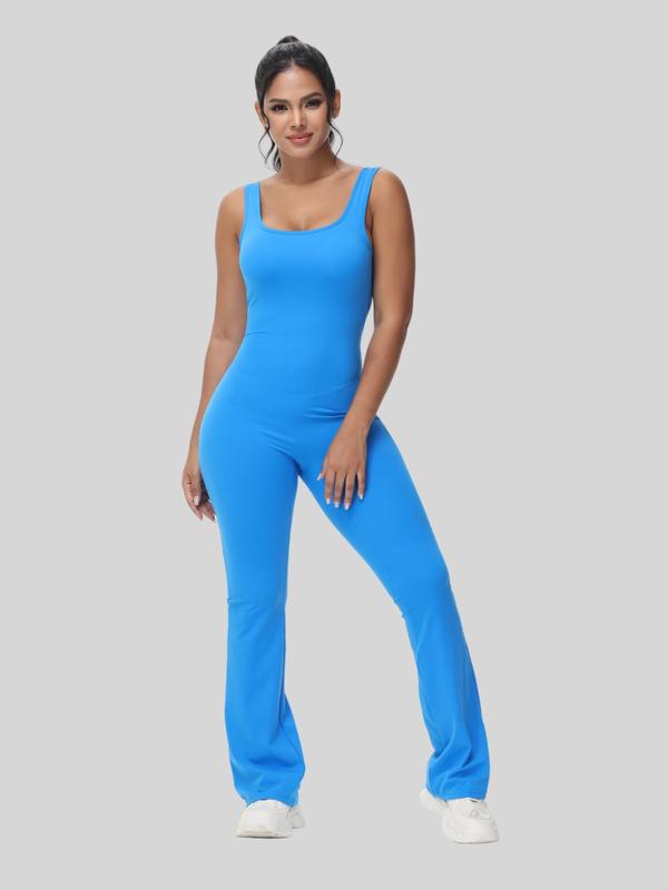 Women's Cut Out Ruched Backless Flare Leg Tank Sports Jumpsuit, Comfy Breathable Seamless Solid Scoop Neck Sleeveless Bell Bottom Jumpsuit For Workout, Ladies' Sportswear Clothing, Summer Outfits 2024, Tummy Control