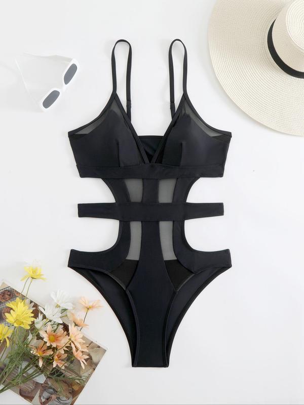 Women's Cut Out Contrast Mesh One-piece Swimsuit, Casual Adjustable Strap Swimwear for Summer, Ladies Swimsuit for Beach Holiday Vacation