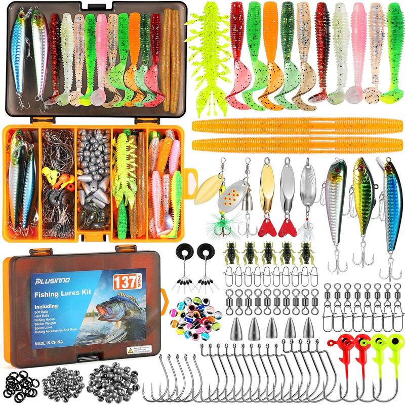 PLUSIXMNI Fishing Lures, 137Pcs Tackle Box with Tackle Included, Crankbaits, Spoon, Hooks, Weights & Other Accessories, Fishing Bait Lure Gear Kit Gift for Men Bass Freshwater