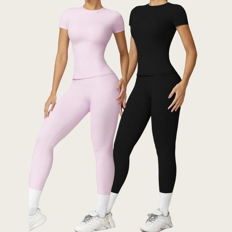 2 Counts Women's Plain Round Neck Crop Tee & High Waist Leggings Tracksuit Set, Sport Breathable Quick Drying Short Sleeve T-Shirt & Skinny Pants Set for Yoga Gym Workout Running, Ladies Sportswear, Fall Clothes, Minimalistic Outfit, Fall Outfits 02