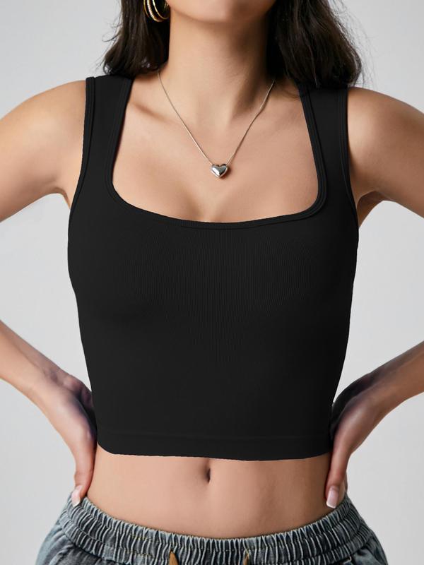 Women's Solid Square Neck Sports Vest, Casual Comfy Breathable Crop Top, Ladies Sportswear for Summer, Summer Gym Clothes Women