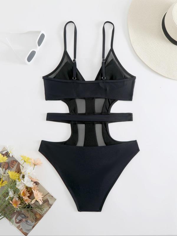 Women's Cut Out Contrast Mesh One-piece Swimsuit, Casual Adjustable Strap Swimwear for Summer, Ladies Swimsuit for Beach Holiday Vacation