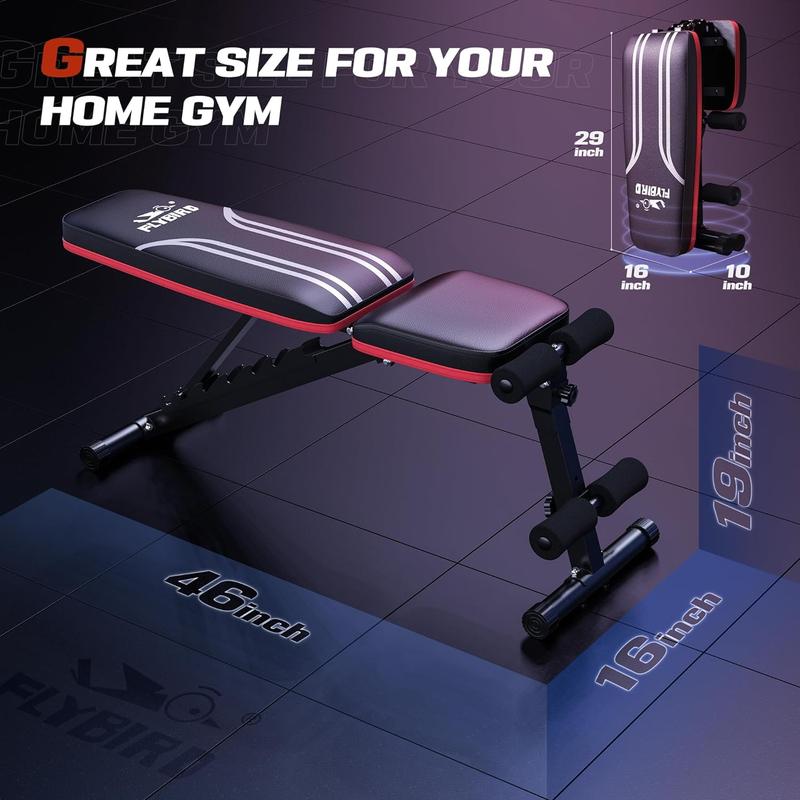 FLYBIRD Adjustable Weight Bench Workout Bench for Home Gym, 15 Degree Decline Sit-Up, Resistance Bands Included