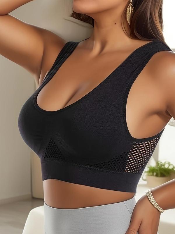 Women's Solid Seamless Sports Push Up Bra, Breathable Hollow Out Sports Bra, Sports Non-steel Ring Wrap Sports Bra