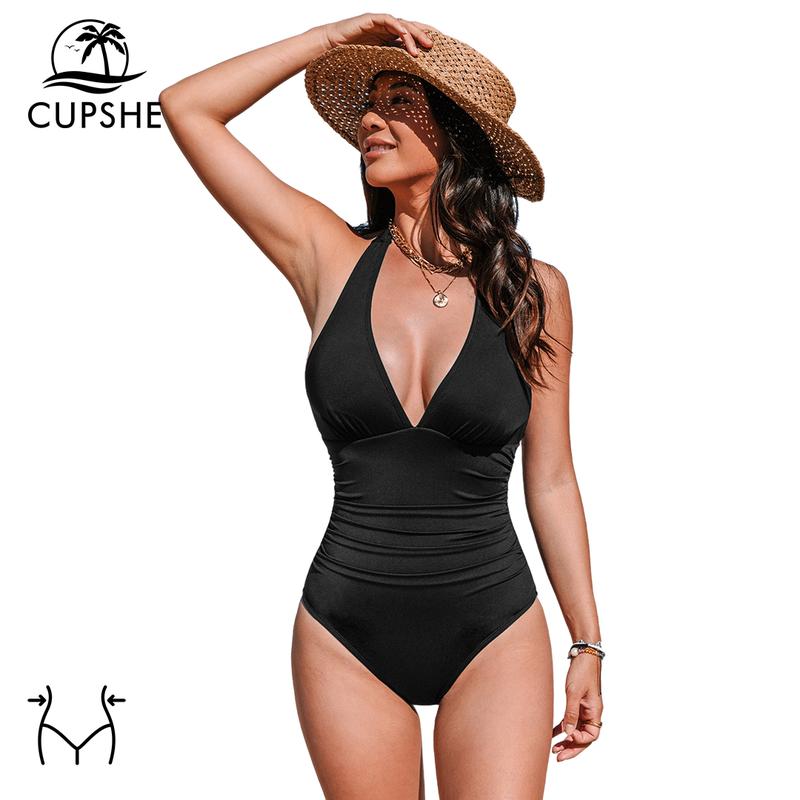 CUPSHE Women's One Piece Swimsuit Halter V Neck Tummy Control Sculpting Slimming Bathing Suit