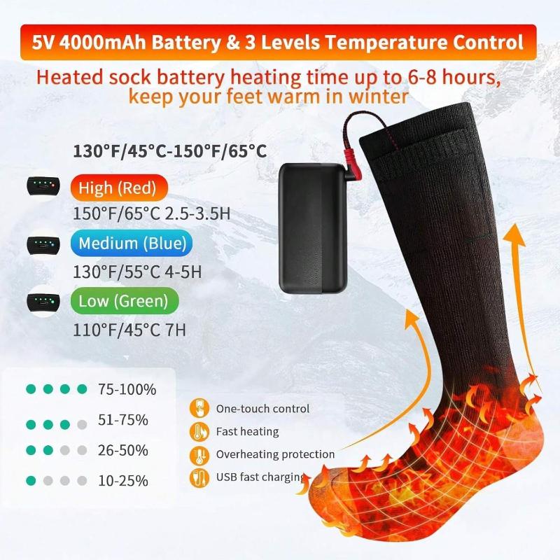 Heated Socks, 4000mAh Electric Heated Socks For Men & Women, Rechargeable Heated Socks With 3 Heating Settings, Washable Battery Powered Foot Warmer Heating Socks For Hunting Skiing Sports Outdoors