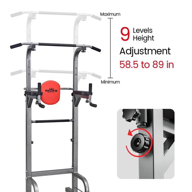 Relife Sports Power Tower Pull Up Bar Station Workout Dip Station for Home Gym Strength Training Fitness Equipment Newer Version