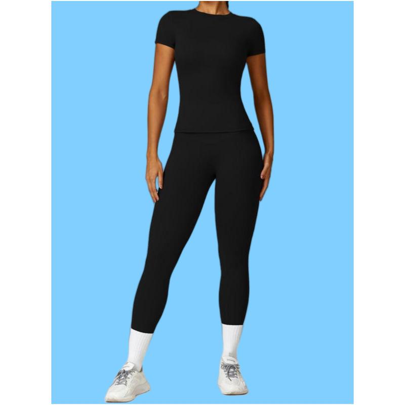 2 4 Counts Women's Solid Round Neck Tee & High Waist Leggings Tracksuit Set, Sporty Comfy T-shirt & Skinny Pants for Yoga Gym Workout, Ladies Summer Sportswear,Women's Tracksuits, Fall Clothes Downtown Girl Outfit 27 Women's Breathable