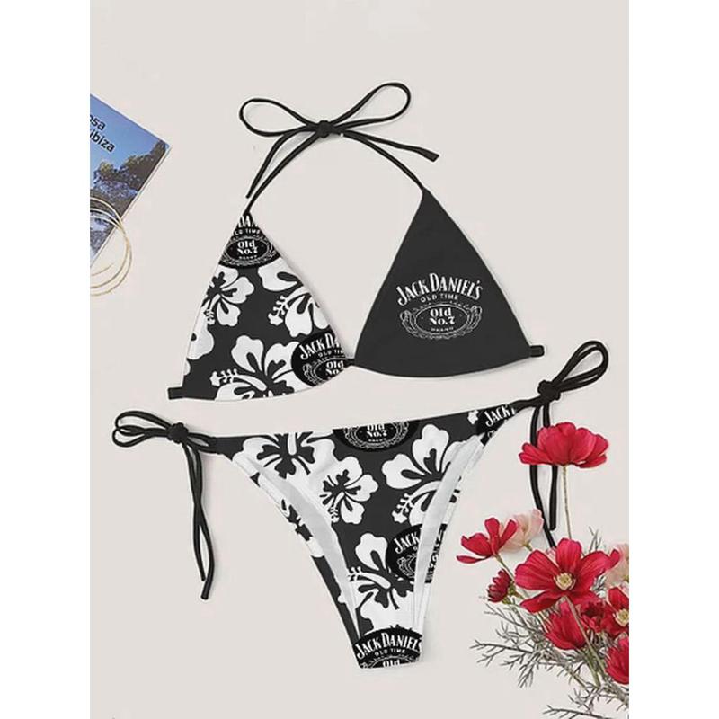 Jack Daniel's Floral Letter Print Drinking Bikini Set