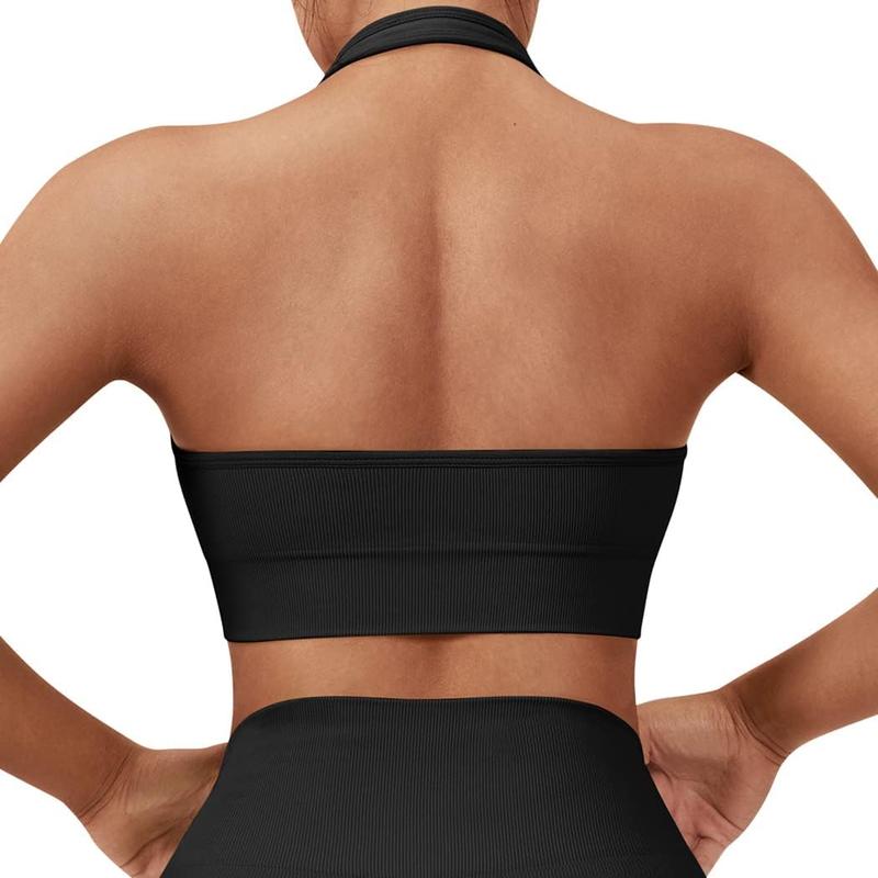 Women Seamless Halter Sports Bra Open Back Padded Workout Crop Tank Tops