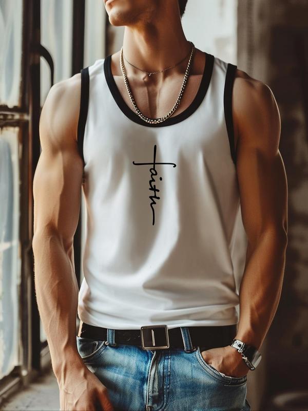 Men's Letter Print Contrast Binding Sports Tank Top, Regular Fit Sporty Casual Round Neck Sleeveless Top, Workout Clothes, Running Vest, Gym Vest, Men's Sport & Outdoor Clothing for Summer