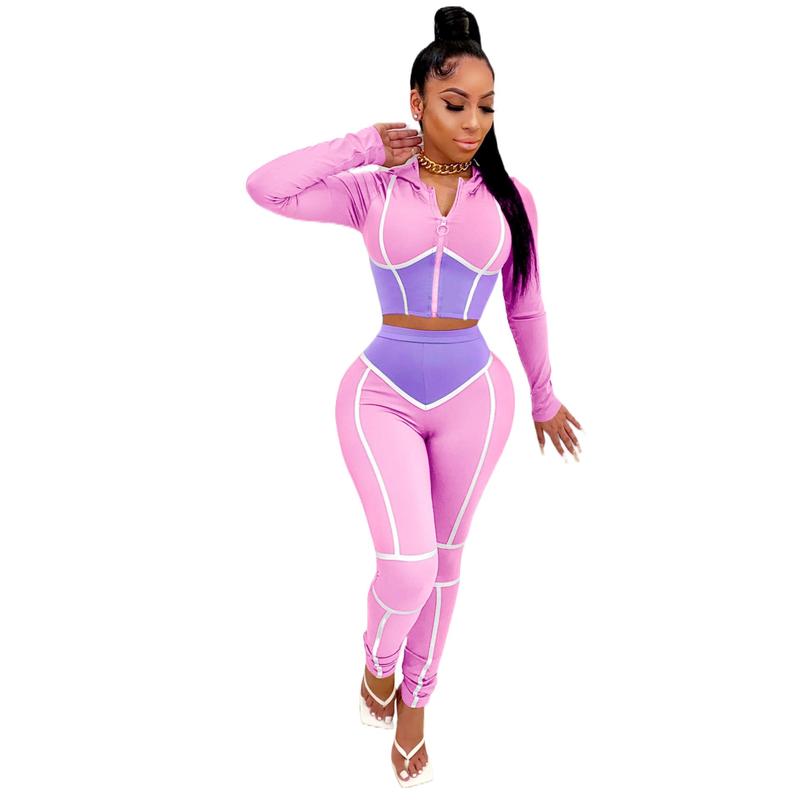 Autumn and Winter European and American Women's Clothing Fashion Yoga Clothes Contrast Color Tight Two-Piece Sports Suit in Stock