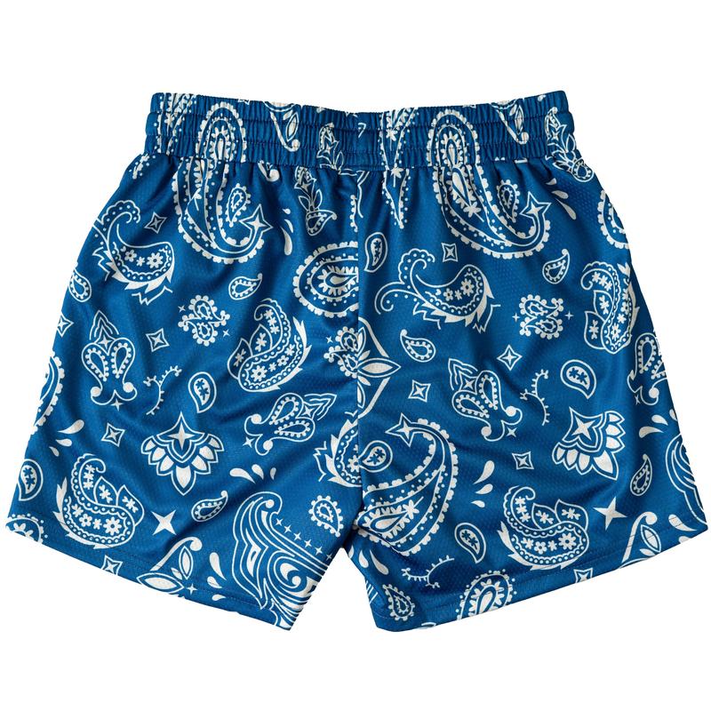 [Kill Crew] Muay Thai Shorts Bandana - Blue   Cream, Unisex, Mid Thigh Cut, Pockets, Gym Shorts, Elastic Waistband, Long drawcord with wax tips