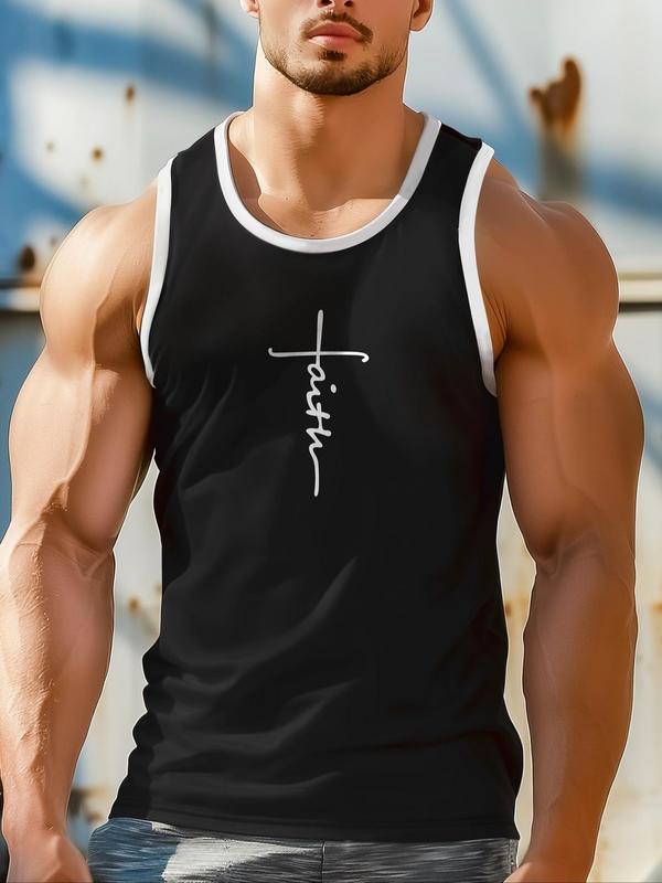 Men's Letter Print Contrast Binding Sports Tank Top, Regular Fit Sporty Casual Round Neck Sleeveless Top, Workout Clothes, Running Vest, Gym Vest, Men's Sport & Outdoor Clothing for Summer