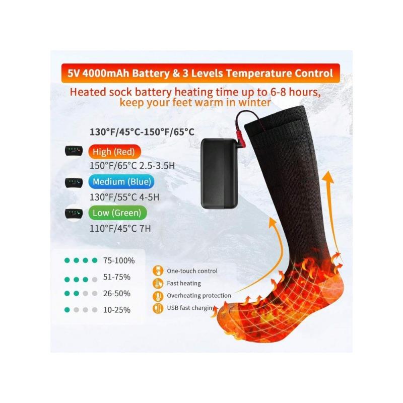 Heated Socks, 4000mAh Electric Heated Socks For Men & Women, Rechargeable Heated Socks With 3 Heating Settings, Washable Battery Powered Foot Warmer Heating Socks For Hunting Skiing Sports Outdoors