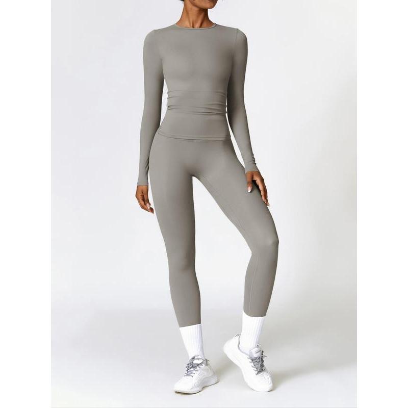 Women's Solid Long Sleeve Skinny Tee & High Waist Leggings Tracksuit Two Piece Sets Tracksuits, Sporty Breathable Quick Drying Outfits for Yoga Gym Workout Running, Ladies Sportswear for Fall, Outfit 90S Clothes Downtown Girl Outfit, Fall Outfits