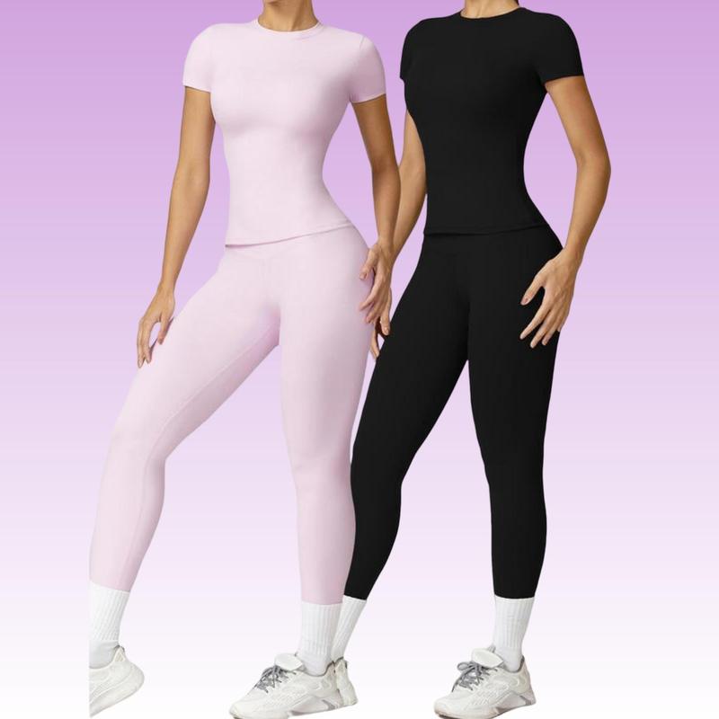 2 Counts Women's Plain Round Neck Crop Tee & High Waist Leggings Tracksuit Set, Sport Breathable Quick Drying Short Sleeve T-Shirt & Skinny Pants Set for Yoga Gym Workout Running, Ladies Sportswear, Fall Clothes, Minimalistic Outfit, Fall Outfits