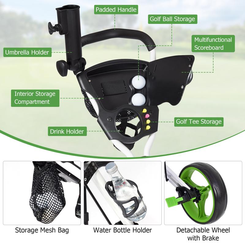 FestivalJoy-Foldable 3 Wheels Push Pull Golf Trolley with Scoreboard Bag-Green