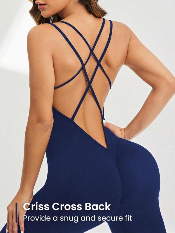 Sporty Women's Solid Color Criss Cross Backless Sports Cami Jumpsuit, Sporty Sleeveless Double Spaghetti Strap Skinny Jumpsuit for Yoga Gym Workout, Ladies Sportswear for All Seasons