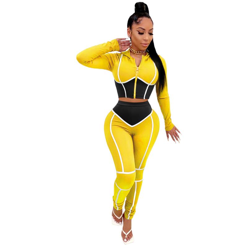 Autumn and Winter European and American Women's Clothing Fashion Yoga Clothes Contrast Color Tight Two-Piece Sports Suit in Stock