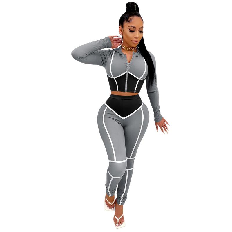 Autumn and Winter European and American Women's Clothing Fashion Yoga Clothes Contrast Color Tight Two-Piece Sports Suit in Stock