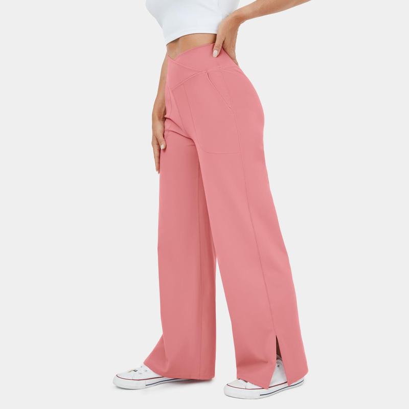 Crossover Pocket Split Hem Wide Leg Yoga Pants-Smile