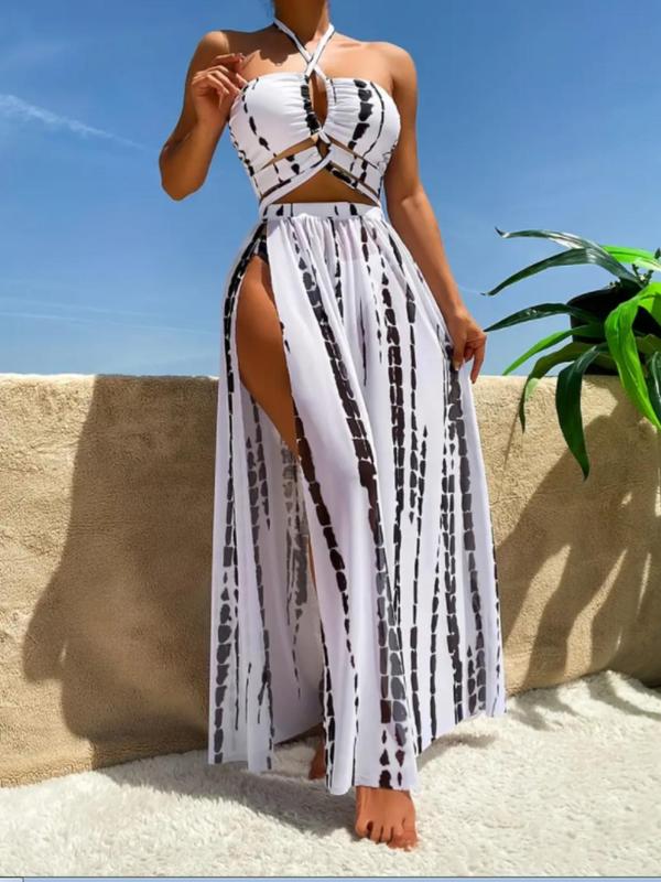 Women's Striped Print Halter Neck Swimsuit Set, Criss Cross Tie Back Ruched Bikini Top & Split Thigh Cover Up Skirt & Swim Bottom, Summer Beach Holiday Vacation Swimwear Set for Women