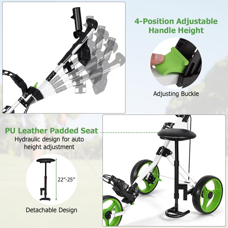 FestivalJoy-Foldable 3 Wheels Push Pull Golf Trolley with Scoreboard Bag-Green