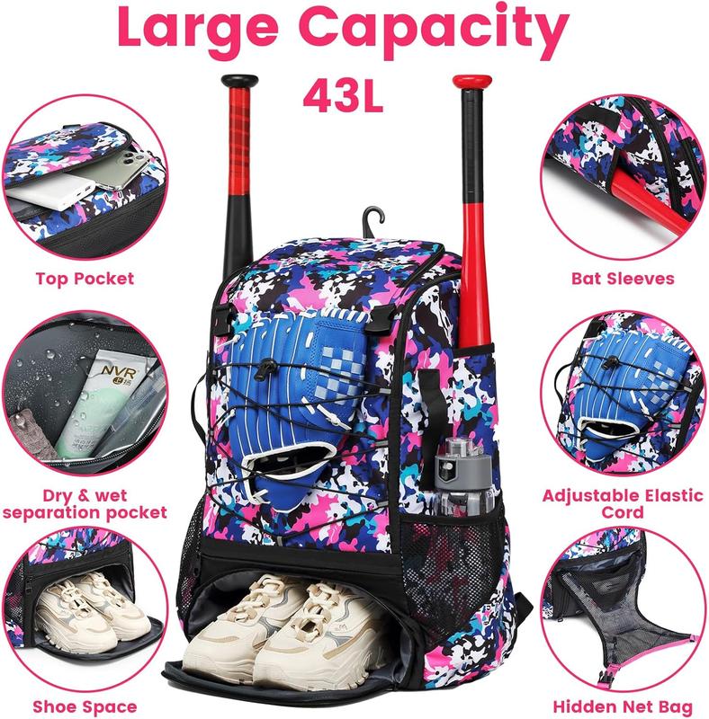 Softball Bag,Softball Bat Bag For Youth Adults,Baseball Bag with Fence Hook for TBall Bat & Equipment,Lightweight Baseball Bat Backpack with Shoe Compartment,Large Main Compartment for