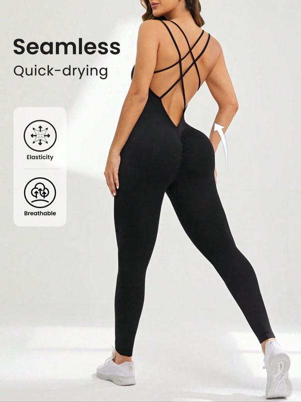 Sporty Women's Solid Color Criss Cross Backless Sports Cami Jumpsuit, Sporty Sleeveless Double Spaghetti Strap Skinny Jumpsuit for Yoga Gym Workout, Ladies Sportswear for All Seasons