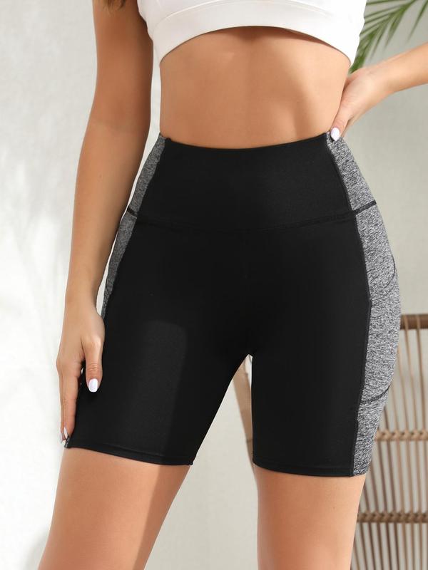 Women's Colorblock High Waist Pocket Sports Short Leggings, Casual Breathable Skinny Gym Shorts, Summer Sportswear Bottoms for Yoga Gym Workout Exercise