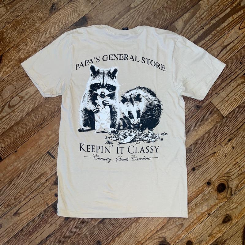 Keepin' It Classy, Never Trashy- Possum, Raccoon, Khaki Short Sleeve Tee Casual Cotton