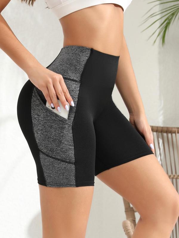 Women's Colorblock High Waist Pocket Sports Short Leggings, Casual Breathable Skinny Gym Shorts, Summer Sportswear Bottoms for Yoga Gym Workout Exercise