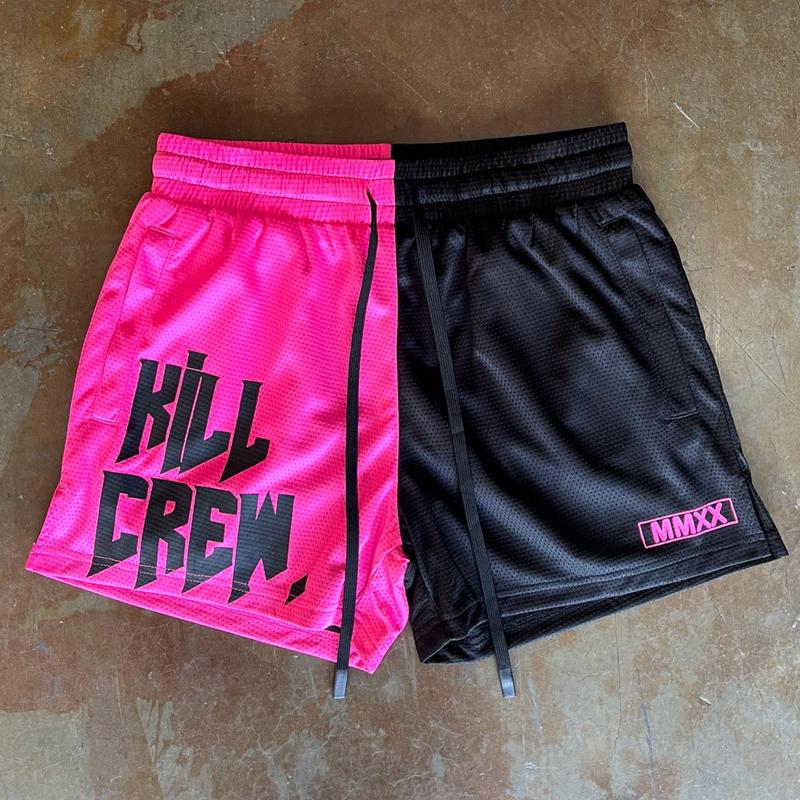 [Kill Crew] Muay Thai Shorts 2 Tone - Black   Pink, Unisex, Mid Thigh Cut, Pockets, Gym Shorts, Elastic Waistband, Long drawcord with wax tips