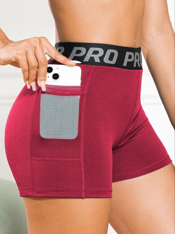 Women's Letter Tape Pocket High Waist Sports Gym Shorts, Sporty Comfy Stretchy Skinny Shorts for Yoga Gym Running, Gym Clothing, Gym Clothes, Biker Shorts, Ladies Sportswear