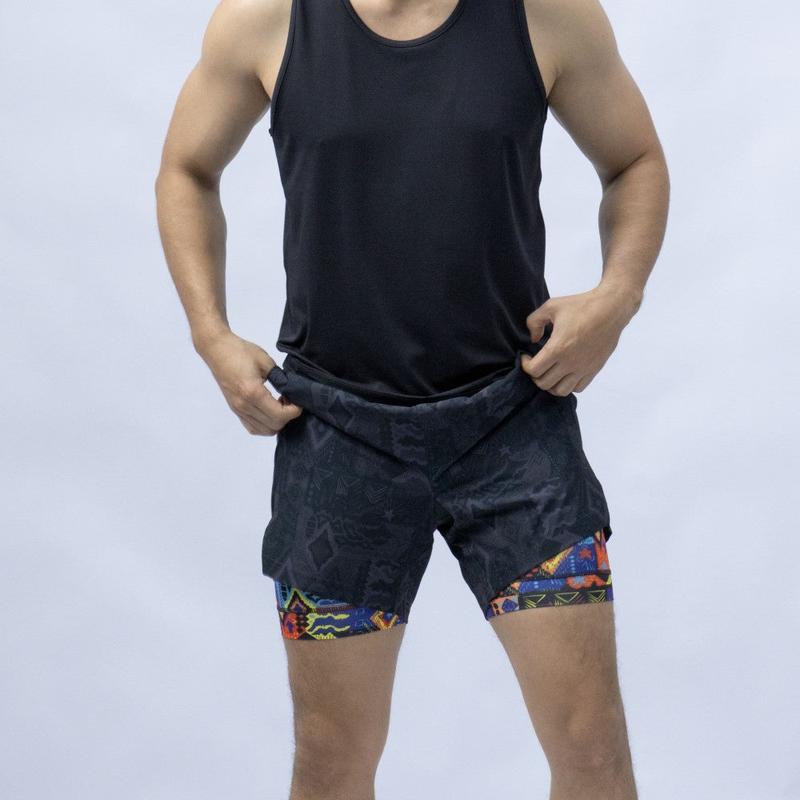 2 in 1 Stretch Short Lined Black Mayan Gym Shorts