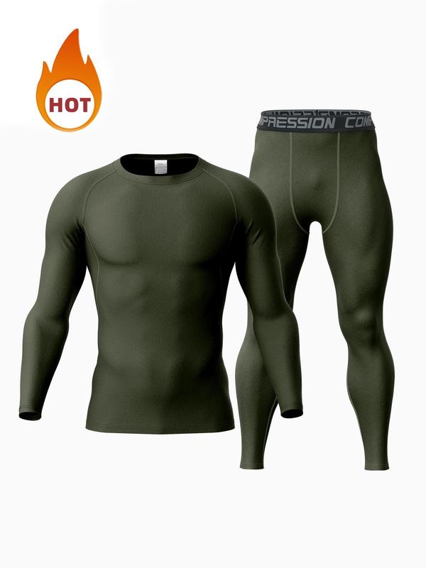 Men's Long Sleeve Compression Top & Bottoms Set, Tight High Stretch Breathable Comfortable Sports Set, Men's Sportswear Set for Indoor Outdoor Wear