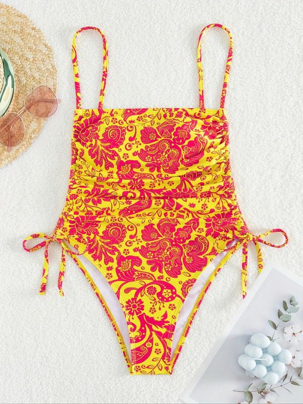 Women's Ethnic Pattern Ruched Drawstring Side One-piece Swimsuit, Boho Sleeveless Spaghetti Strap Swimwear for Beach Holiday Vacation, Ladies Summer Clothes