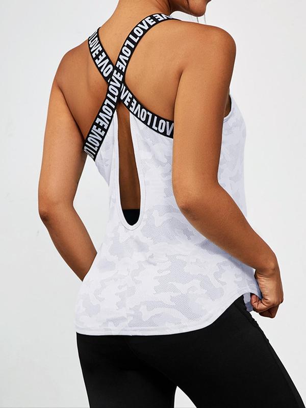 Sporty Women's Camo Print Letter Tape Sports Vest, Sport Criss Cross Cut Out Tank Top, Ladies Sportswear for Summer, Fall Outfits, Fallfreshness